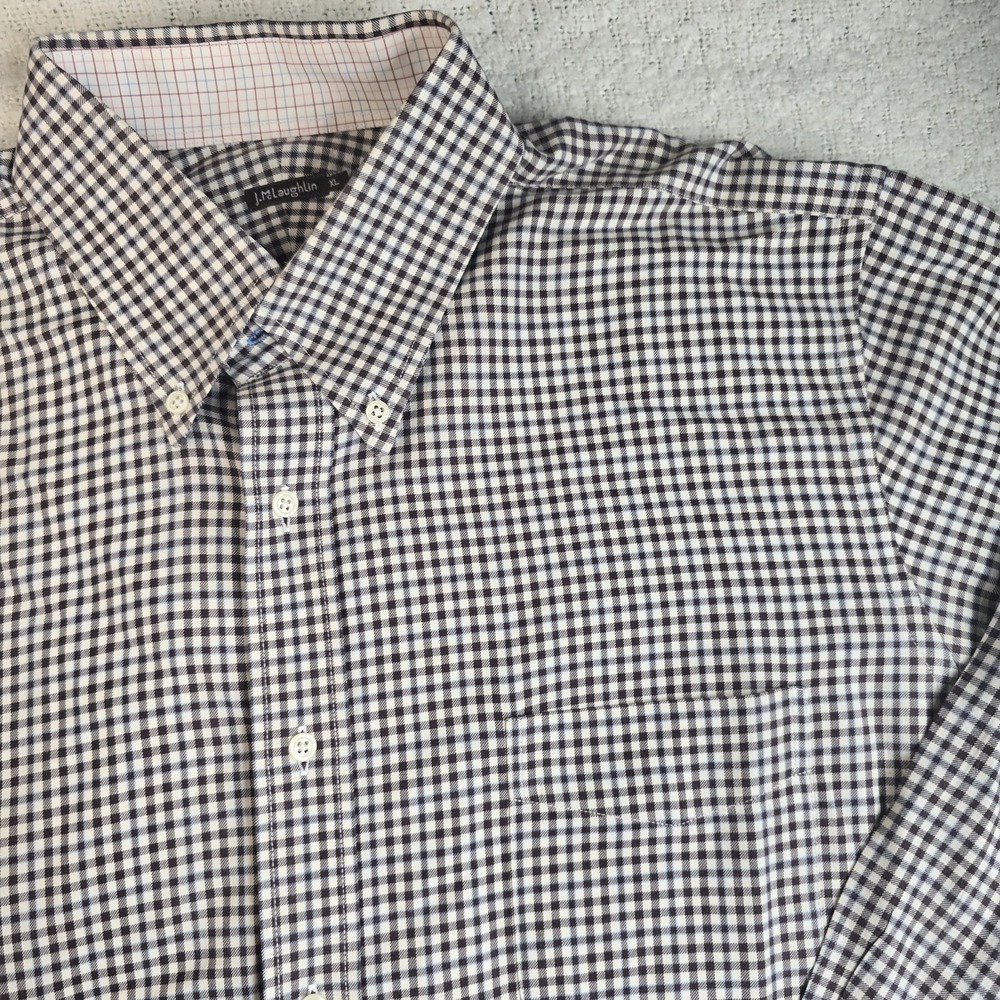 J.McLaughlin Men's XL Brown Blue Plaid 100%Cotton Button Down Pocket Long Sleeve - Picture 7 of 12